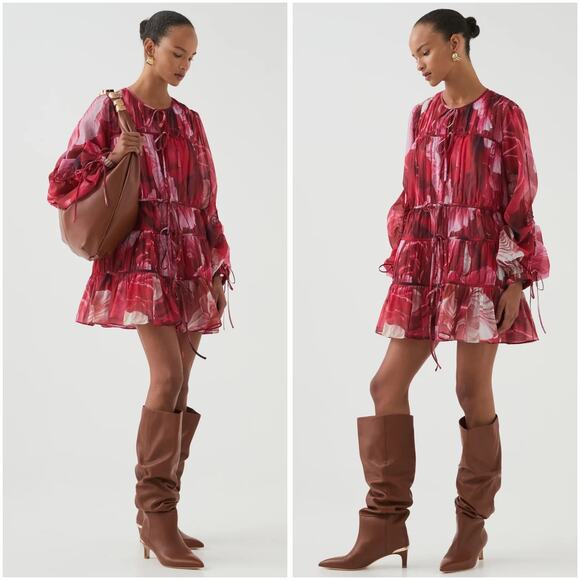 Aje Floral Prismatic Red Pink Long Sleeve Statement Sleeve Mini Dress US 2/AUS 6 - Picture 2 of 10